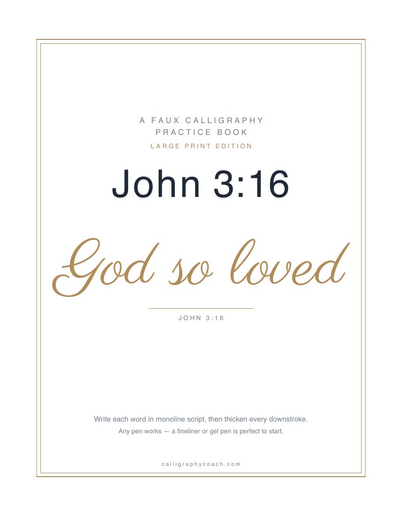 Cover of John 3:16, large print edition: the title in navy over the phrase “God so loved” in gold script, inside a thin gold border.