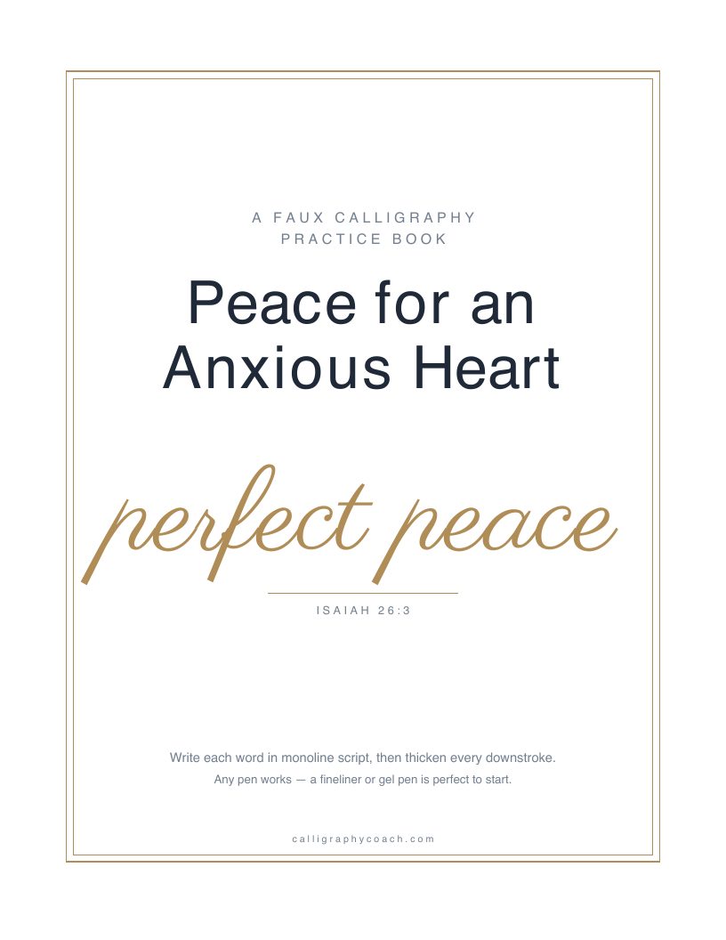 Cover of Peace for an Anxious Heart: the title in navy over the phrase “perfect peace” in gold script, inside a thin gold border.