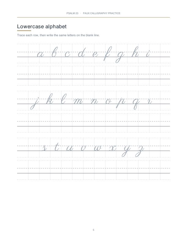 Psalm 23, page 5: light traceable script on four-line calligraphy guides with blank rows underneath to copy it.