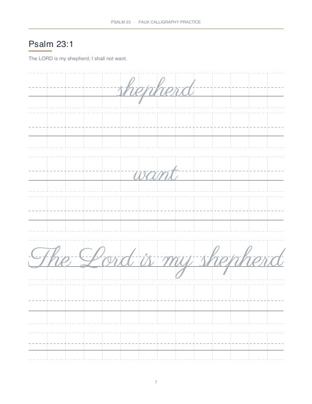 Psalm 23, page 7: light traceable script on four-line calligraphy guides with blank rows underneath to copy it.