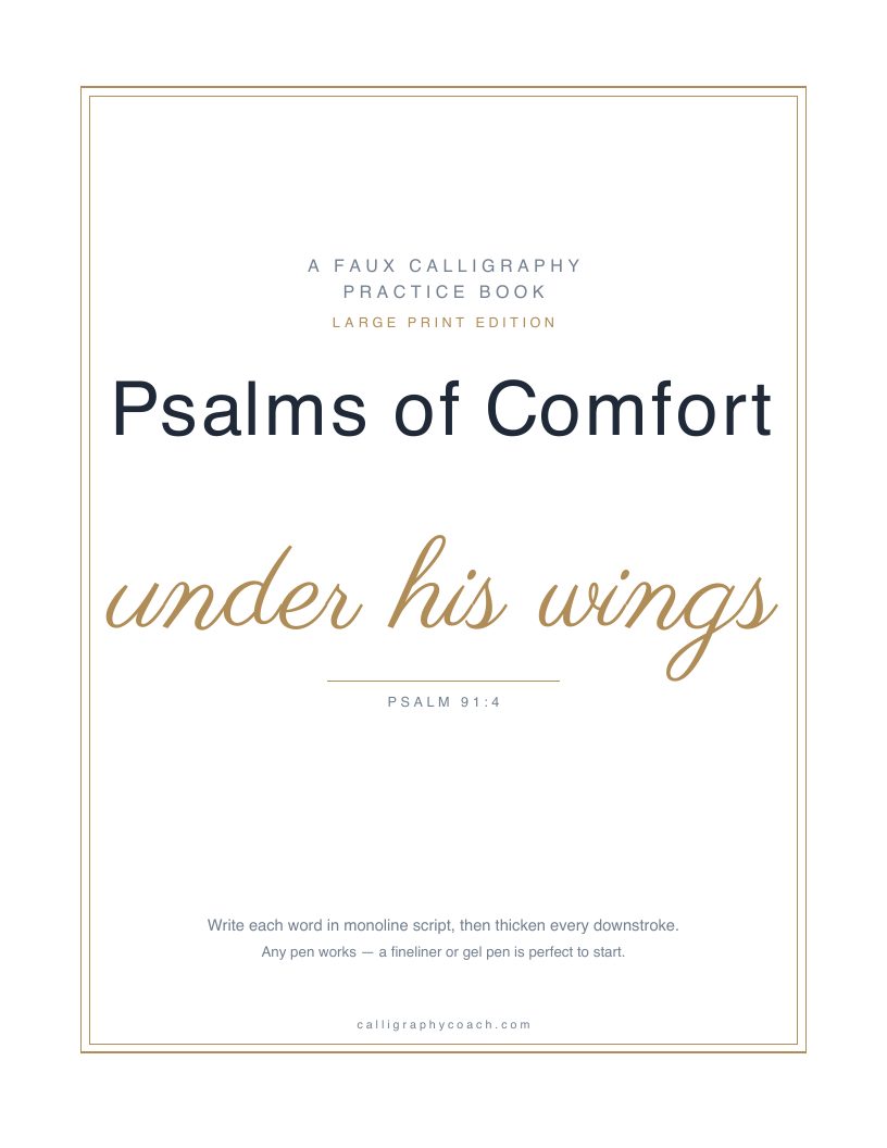 Cover of Psalms of Comfort, large print edition: the title in navy over the phrase “under his wings” in gold script, inside a thin gold border.