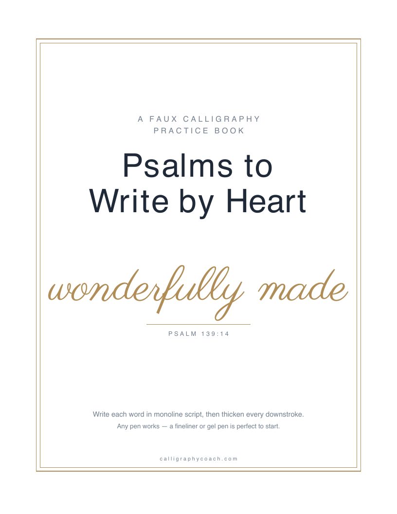 Cover of Psalms to Write by Heart: the title in navy over the phrase “wonderfully made” in gold script, inside a thin gold border.