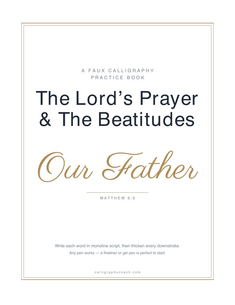 Cover of The Lord’s Prayer & The Beatitudes: the title in navy over the phrase “Our Father” in gold script, inside a thin gold border.